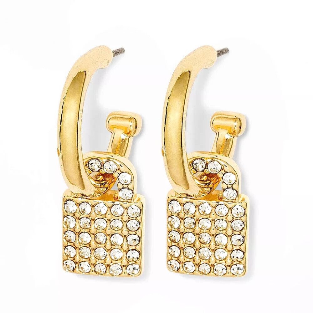 SUGAR FIX Gold Crystal Dangling Lock on Hoops Earrings (Nickel Free) NEW!!!